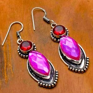 Beautiful fuchsia topaz, garnet & sterling silver handcrafted earrings 2.2”
